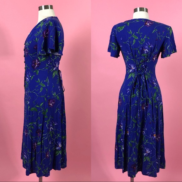 Vintage 80s floral button up purple midi dress 6S - Picture 2 of 7